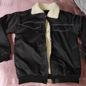 Boys' Black Sherpa-Lined Bomber Jacket with Cream Collar